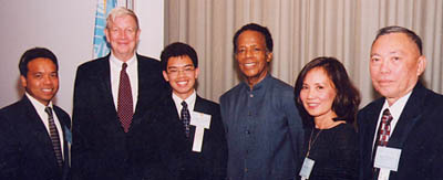 Third Place award winner Ryan Villanueva with his father, Paul (left), Ambassador Luers, William Greaves, his mother Agnes and his grandfather Pedro.